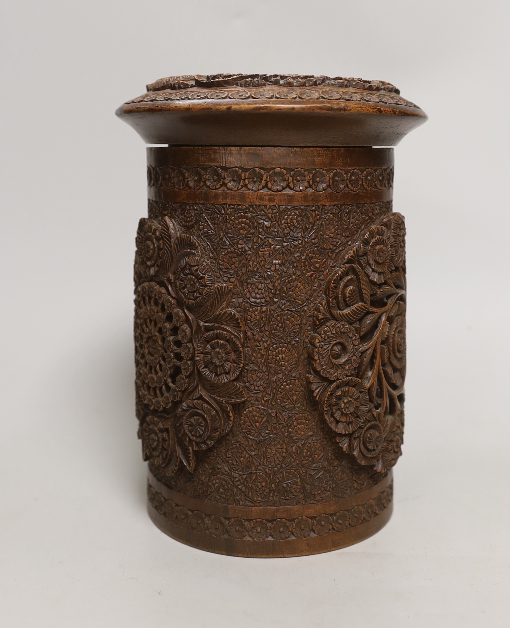 An Indian carved wood humidor and two Chinese brass mounted boxes, tallest 22cm high